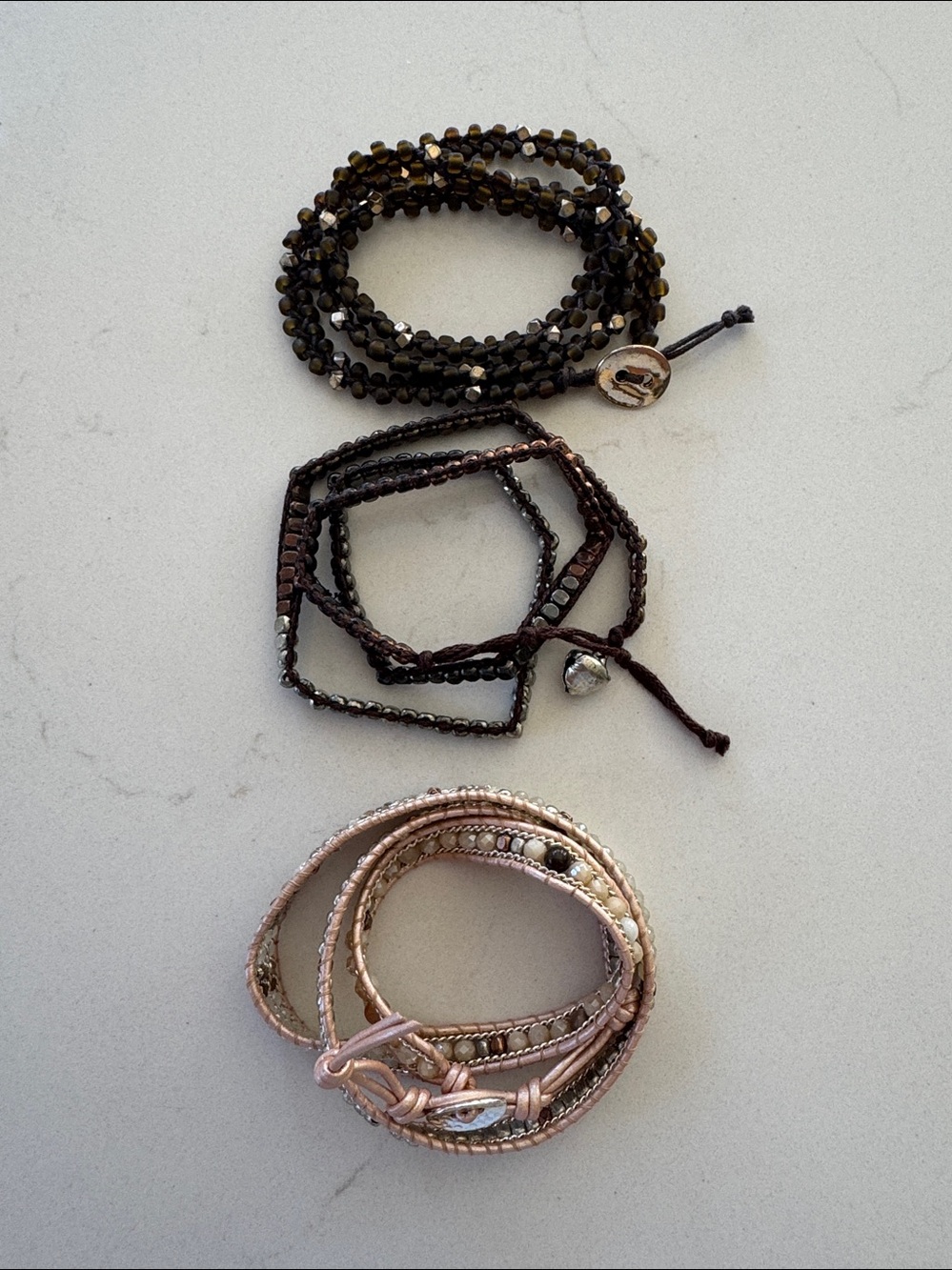 Wrap Beaded Bracelets Set of 3 in Black, Bronze, and Pink 20" New ✨